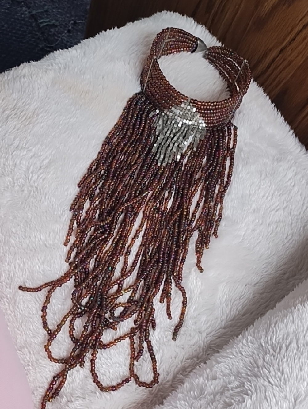 Beaded Fringe Statement Necklace in Purple and Silver
